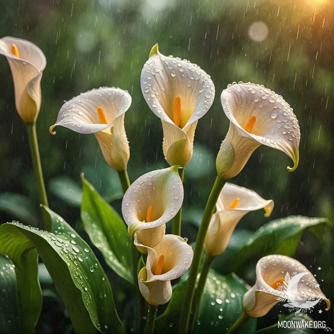 A watercolor painting of beautiful lime-colored calla lilies under the rain at sunset scattered with glitter.