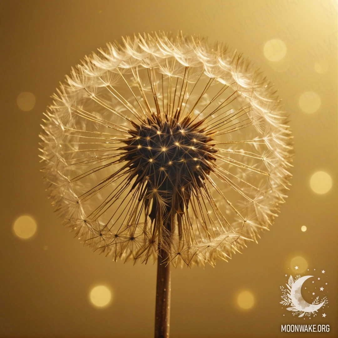 A golden dandelion shimmering with glitter against a minimalist background.