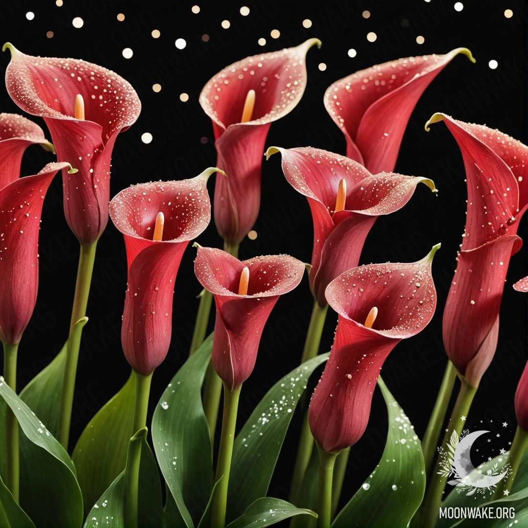 A bouquet of red calla lilies sparkling in the nighttime
