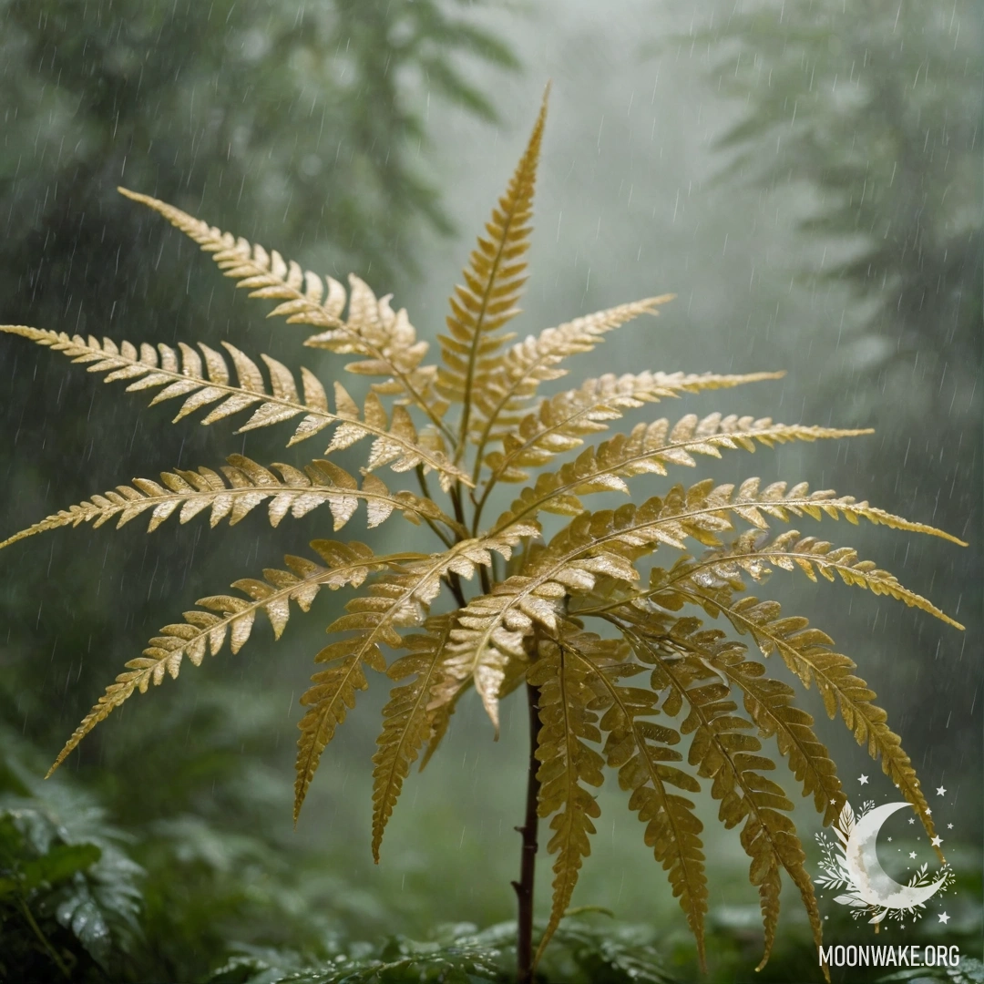 Gold Fern in the Misty Rain A serene golden fern enveloped in mist under gentle rain.