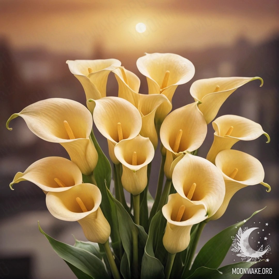 A bouquet of golden calla lilies at sunset, vintage postcard style.