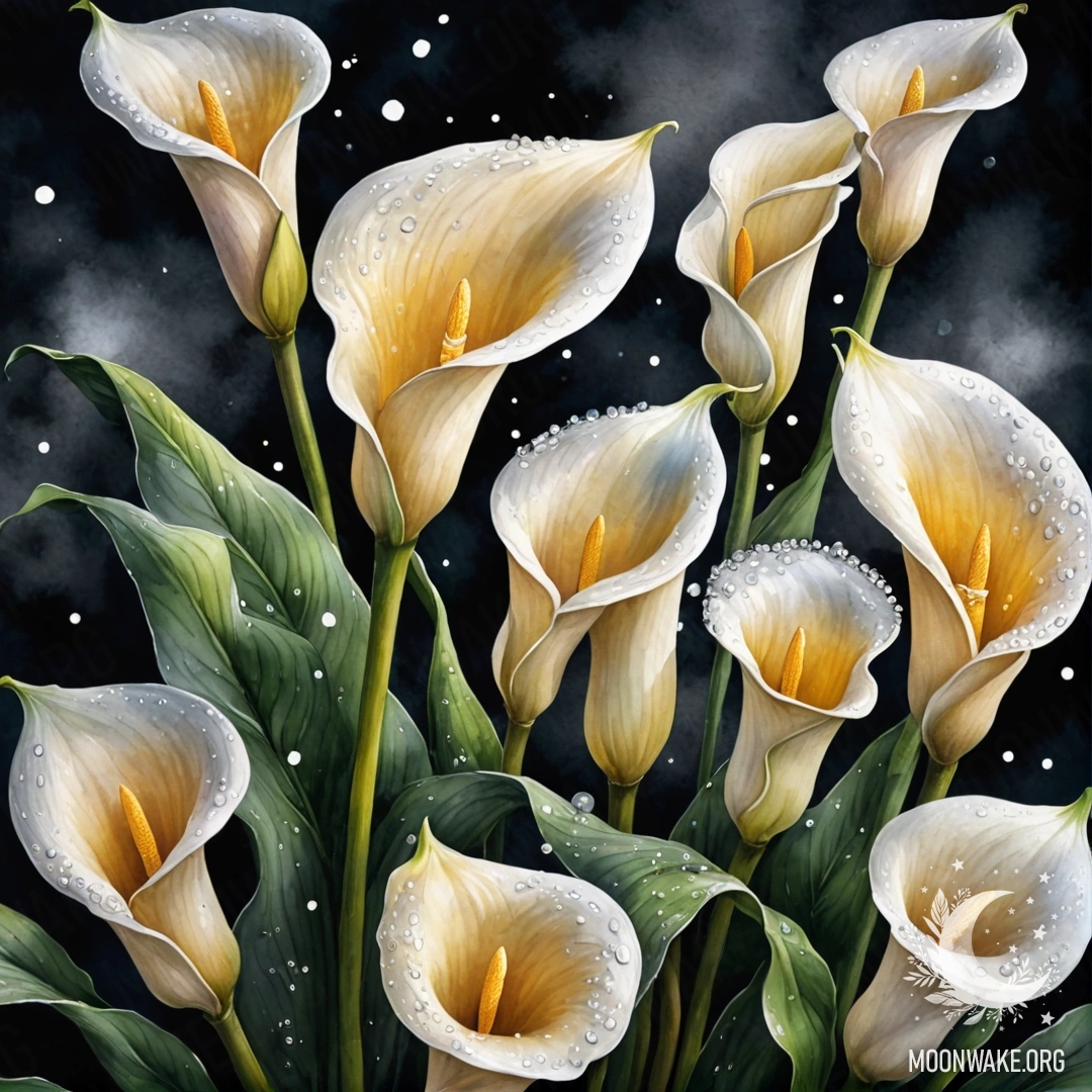 A watercolor painting of beautiful calla lilies surrounded by mist at night, adorned with golden rhinestones.