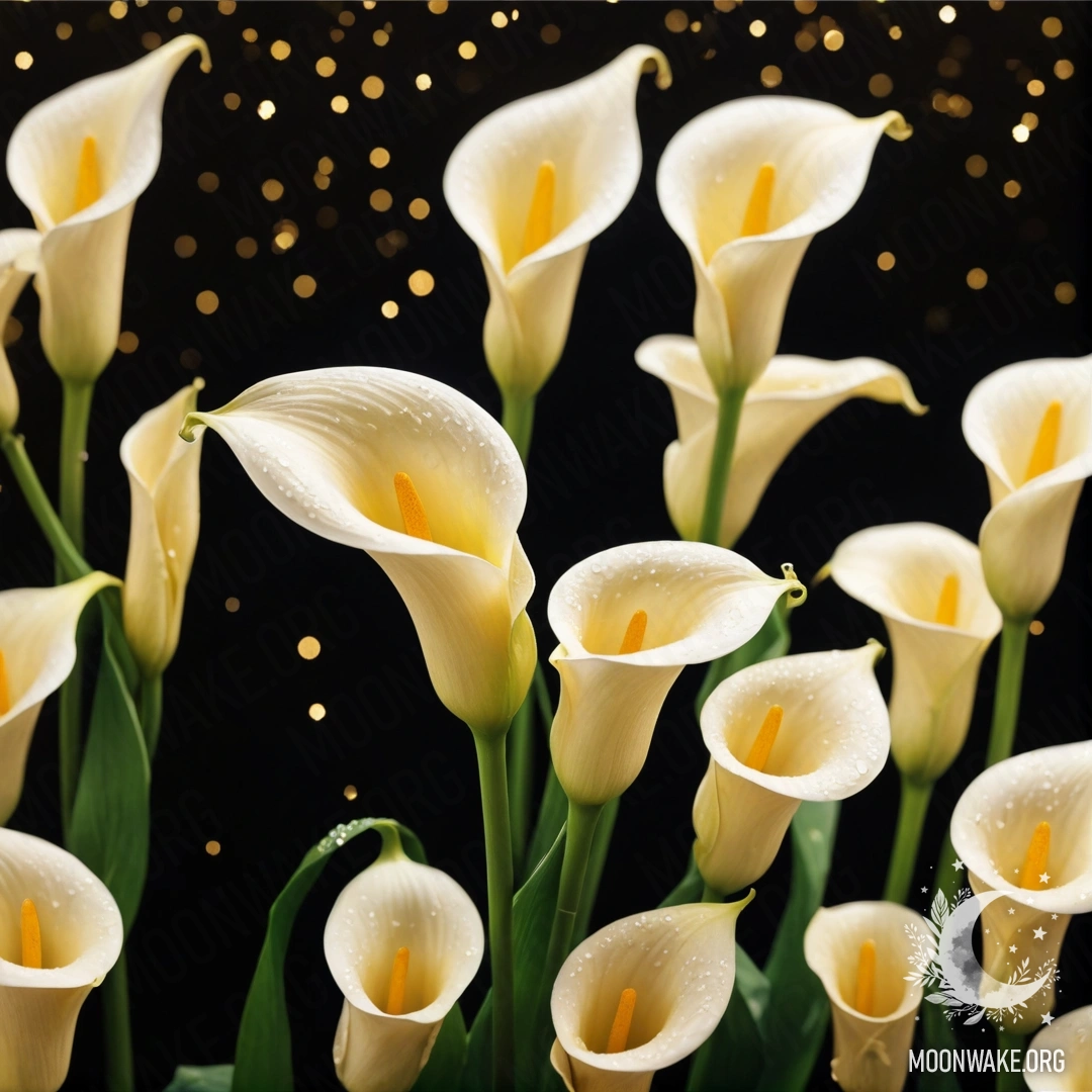 Golden Calla Lilies at Night Calm golden calla lilies surrounded by glitter at night.