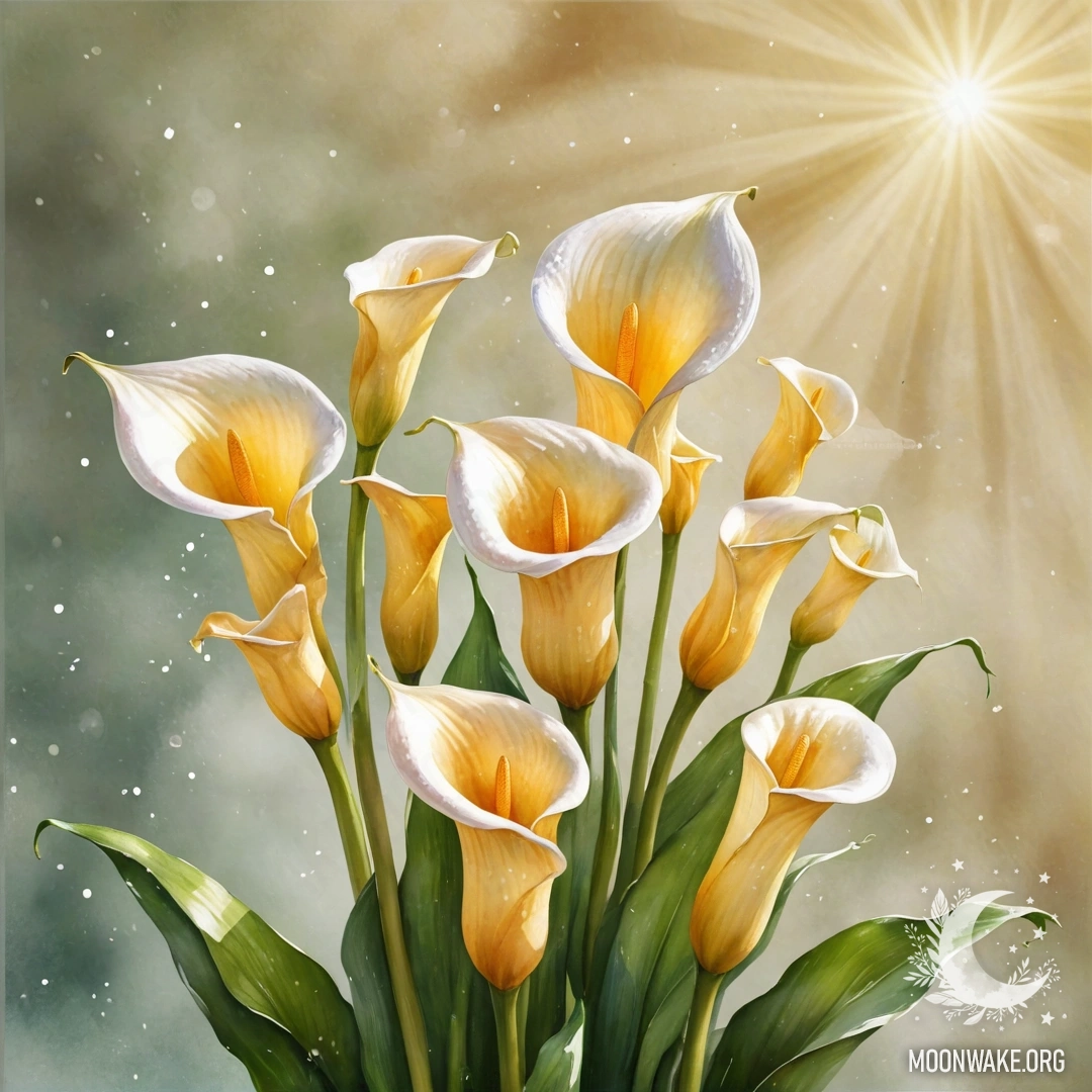 Golden Calla Lilies in Glittering Sunshine A watercolor painting of golden calla lilies illuminated by sunshine and glitter.
