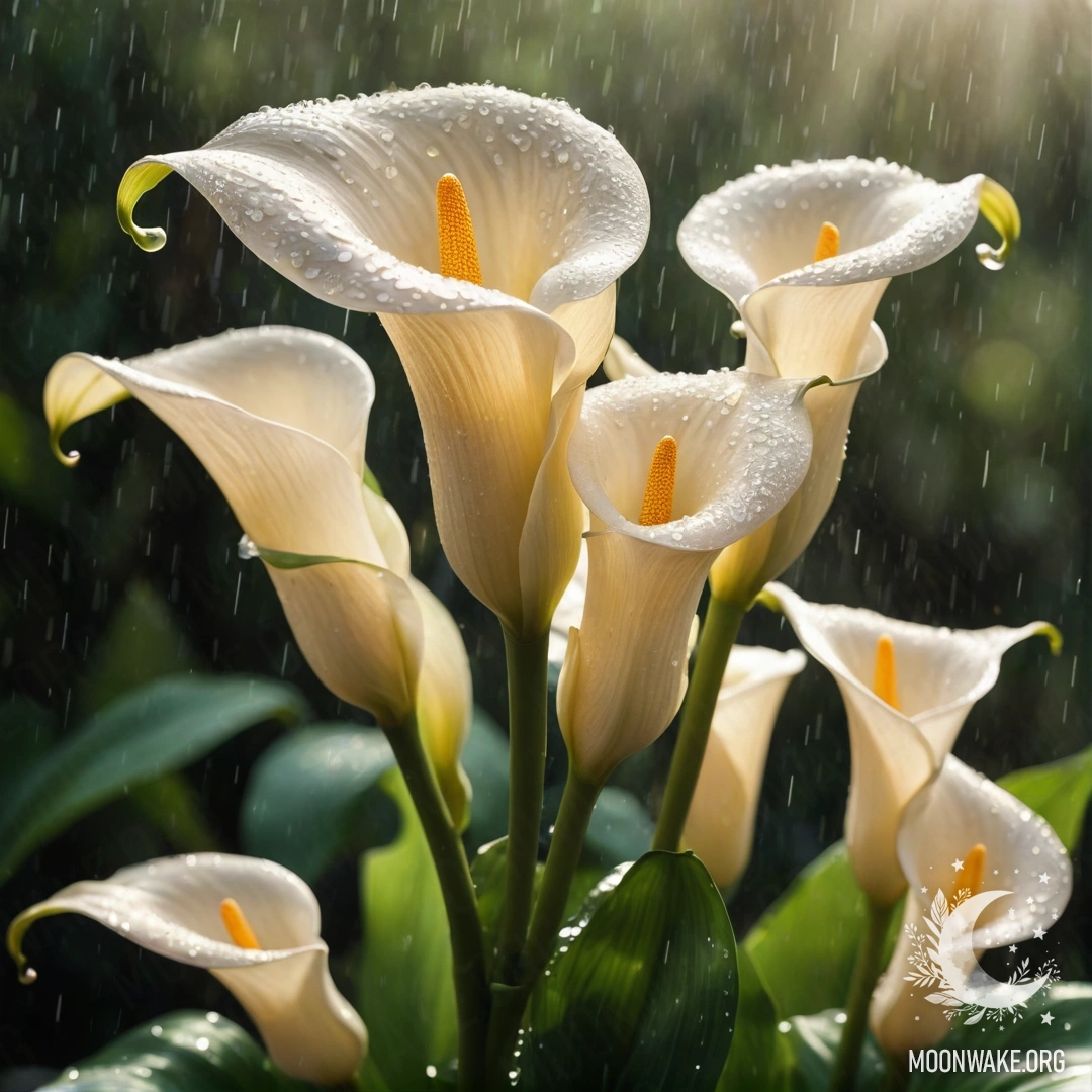 Golden Calla Lilies Under Rain Peaceful calla lilies soaked in rain, sparkling with sunlight.