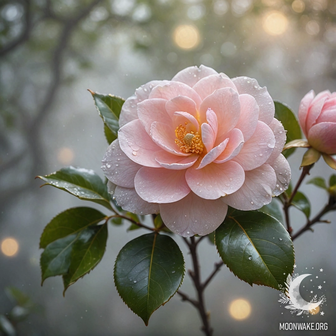 A golden camellia shrouded in soft fog and glitter, evoking romance.