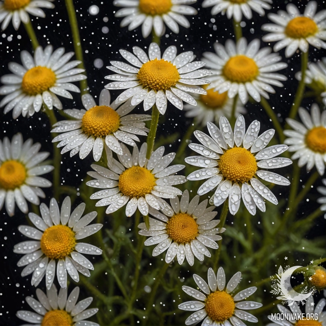 A close-up of a beautiful golden chamomile adorned with dew drops, set against a nighttime backdrop filled with glittering lights.