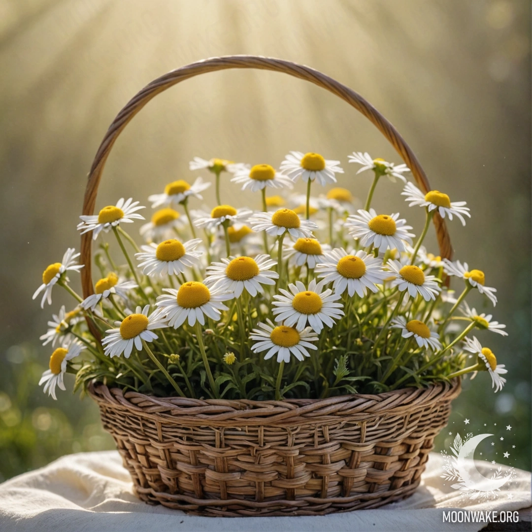 Golden Chamomile in Misty Basket A basket filled with golden chamomile flowers in mist with sunny rays.