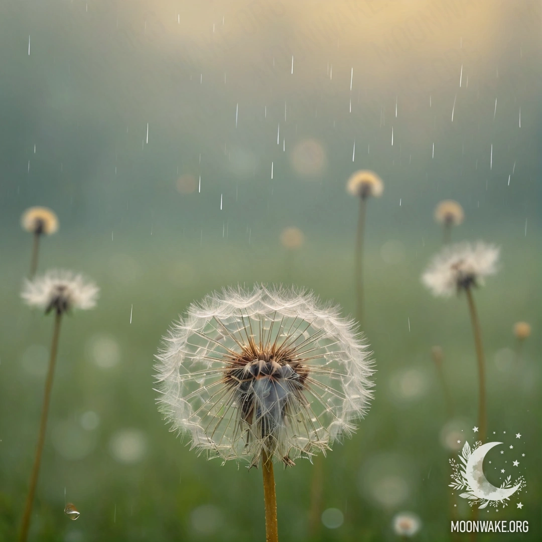 Golden Dandelion in Rainy Mist A minimalistic image of a golden dandelion surrounded by mist and rain.