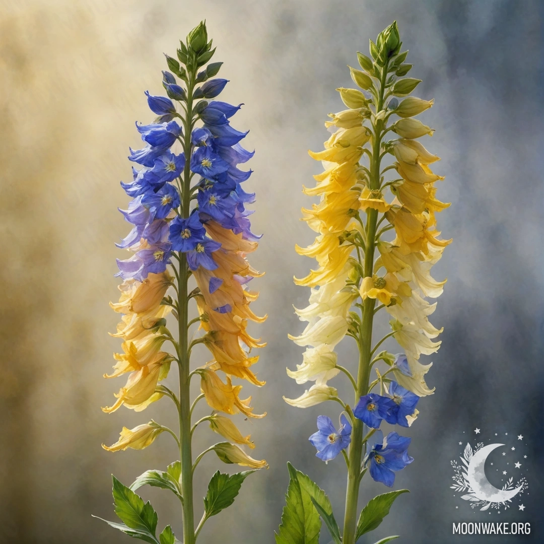 Golden Delphinium Bouquet in the Fog A soft bouquet of golden delphiniums surrounded by fog with rays of sunlight.