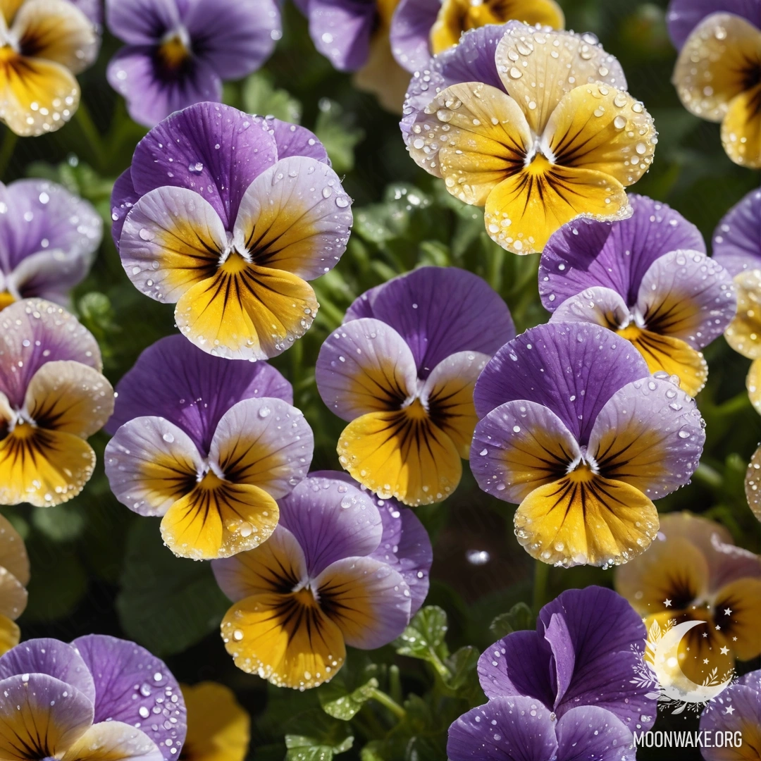 Golden Dew-Kissed Pansies A cluster of sweet pansies adorned with dew drops and golden sunlight patterns.