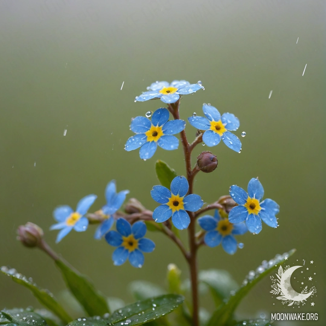 Golden Forget-Me-Nots in Misty Rain A minimalistic arrangement of golden forget-me-not flowers in a misty rain, sparkling with glitter.