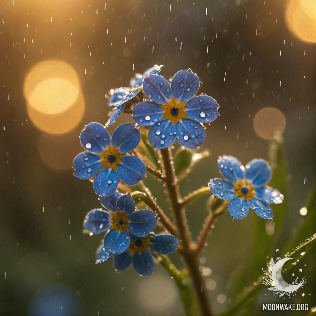 A close-up of delicate golden forget-me-nots sparkling in the rain at sunset.