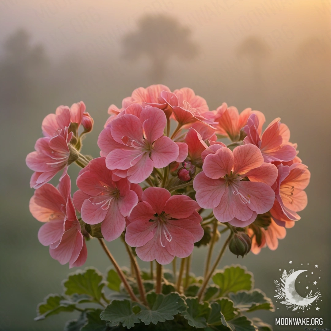 Golden Geranium Bouquet in Sunset Fog A bouquet of golden geraniums surrounded by fog at sunset.