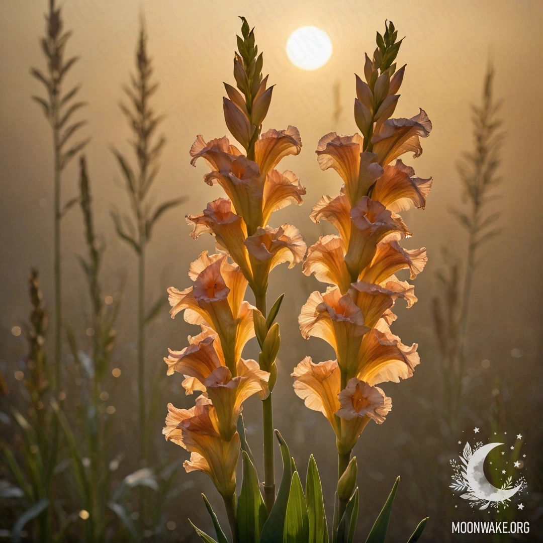 Golden Gladiolus Bouquet in Foggy Sunset A golden bouquet of gladiolus flowers shrouded in fog during sunset.