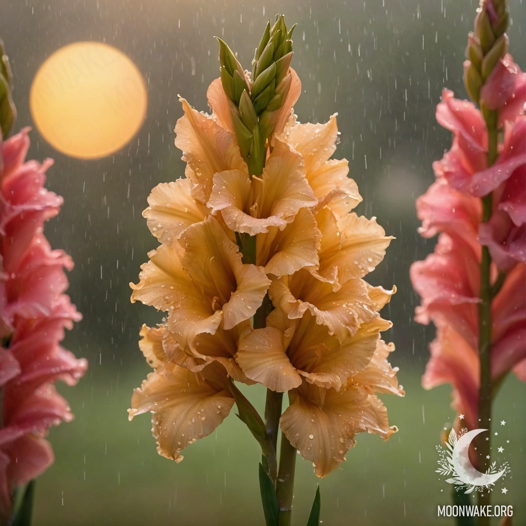 A bouquet of golden gladiolus flowers under the rain at sunset.