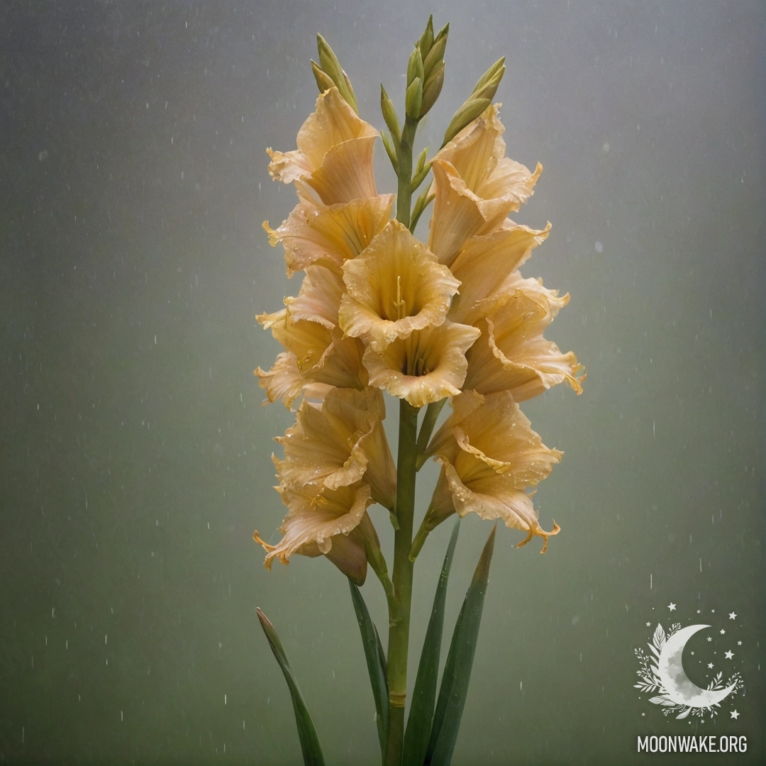 A bouquet of golden gladiolus flowers surrounded by mist and rain.