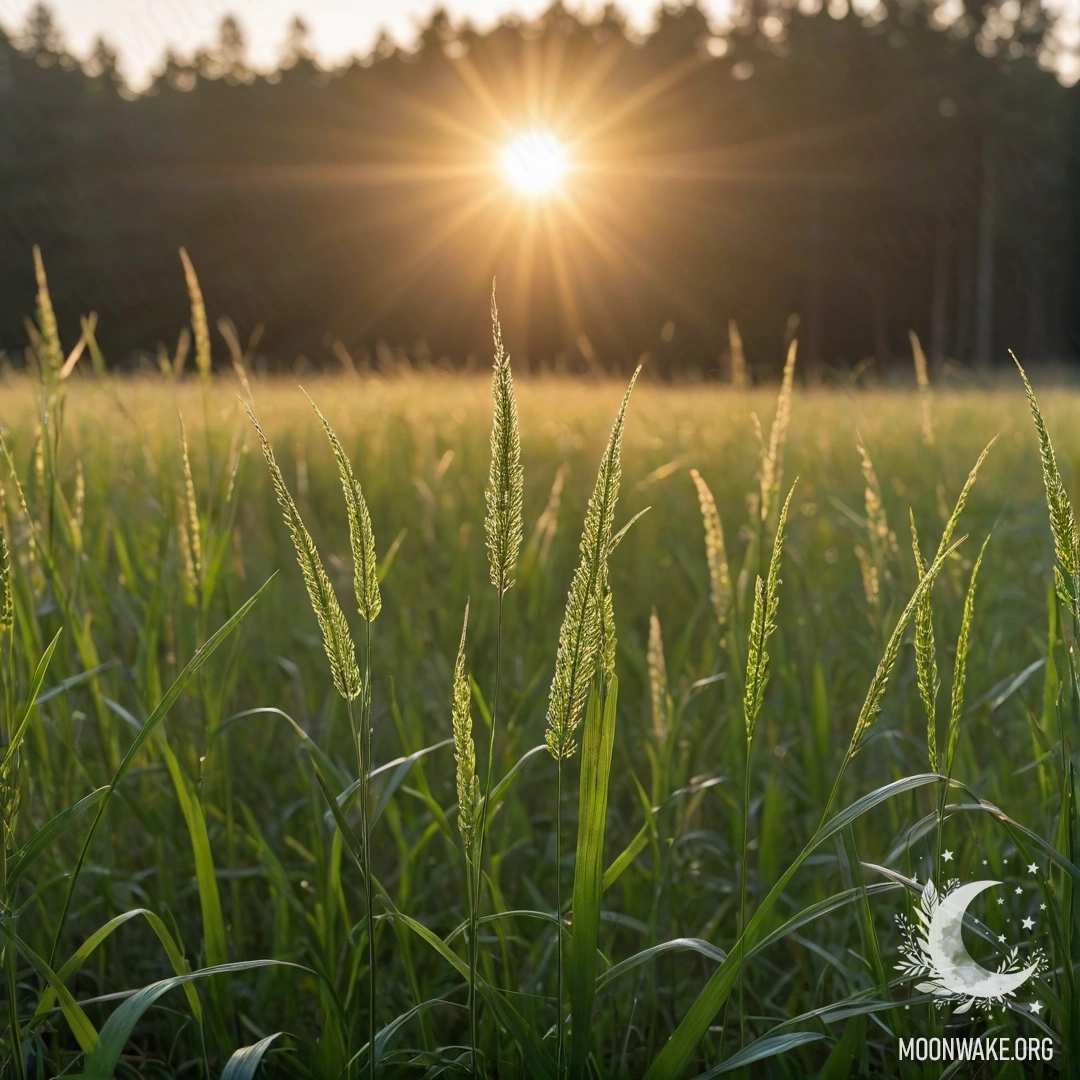 A close-up view of beautiful grass in a field, with a bokeh forest and sun rays illuminating the scene at sunset.