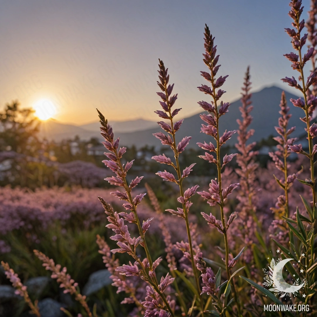 A beautiful scene of heather adorned with dew drops at sunset.