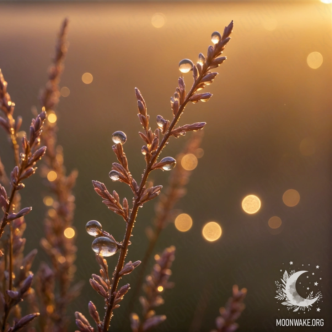 Golden Heather with Dew at Sunset A minimalistic view of heather with dew drops at sunset, shimmering with golden glitter.
