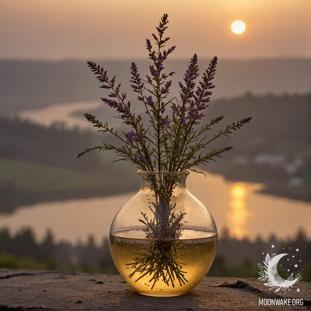A golden vase containing heather, misty background, sunset rain.