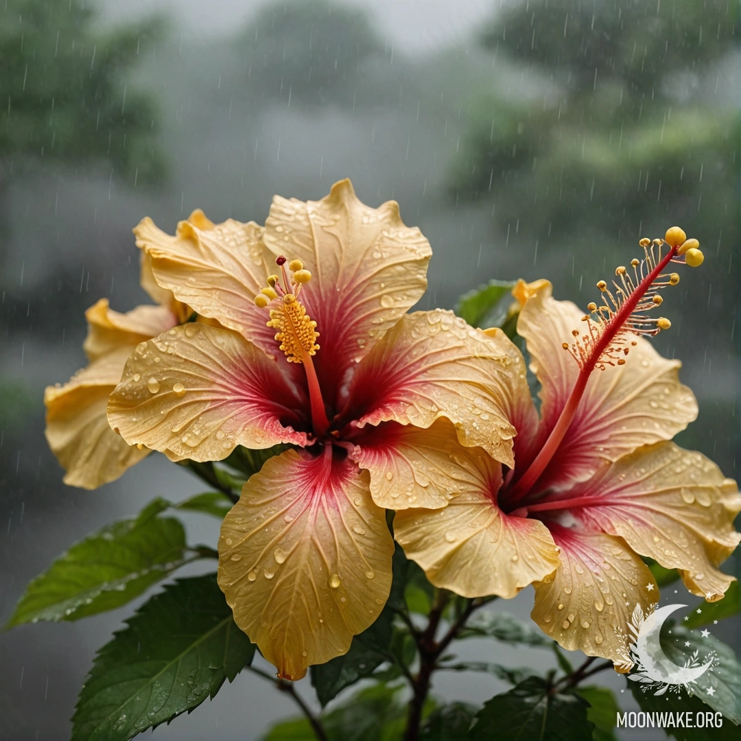 Golden Hibiscus Bouquet in Misty Rain A bouquet of golden hibiscus flowers in mist under the rain.