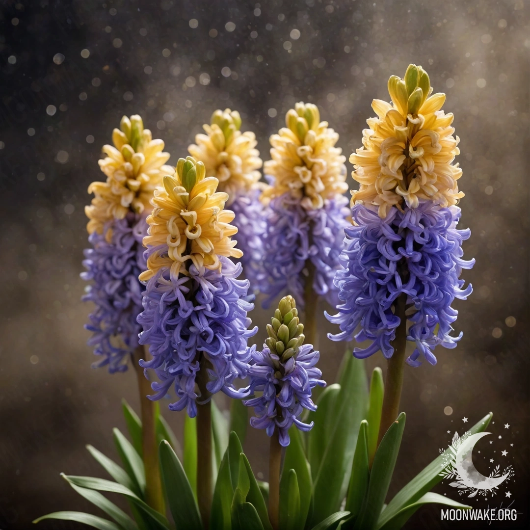 A golden hyacinth flower surrounded by mist during nighttime, sparkling with glitter.