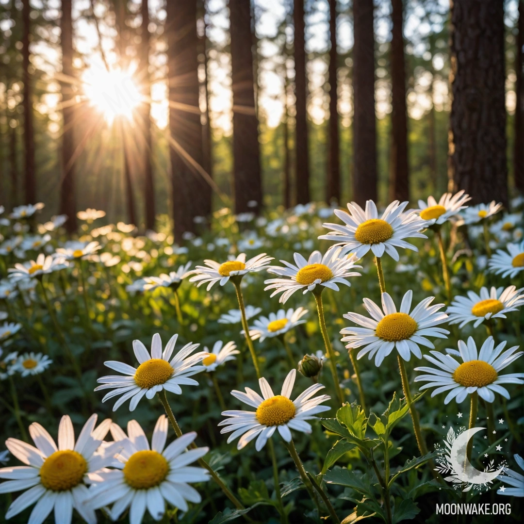 Golden Light Filtering Through Forest Trees Close-up of daisies illuminated by sunset in a forest