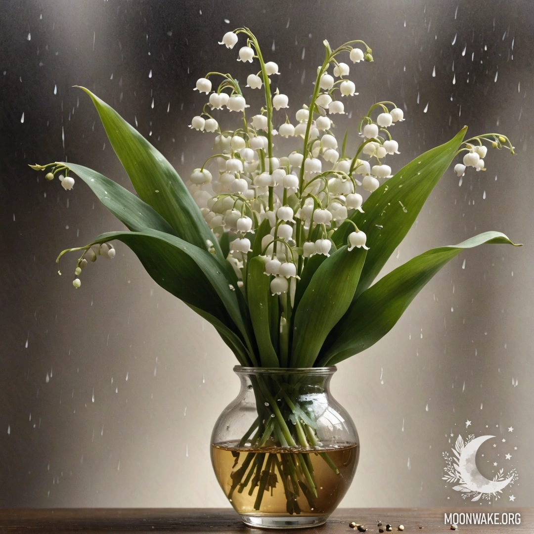A gold vase holding lily of the valley flowers under the rain, depicted in an ink wash painting style.