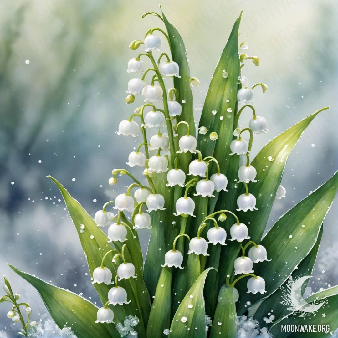 Golden Lily of the Valley in Frost Bouquet A watercolor painting of a golden lily of the valley bouquet resting on frost.