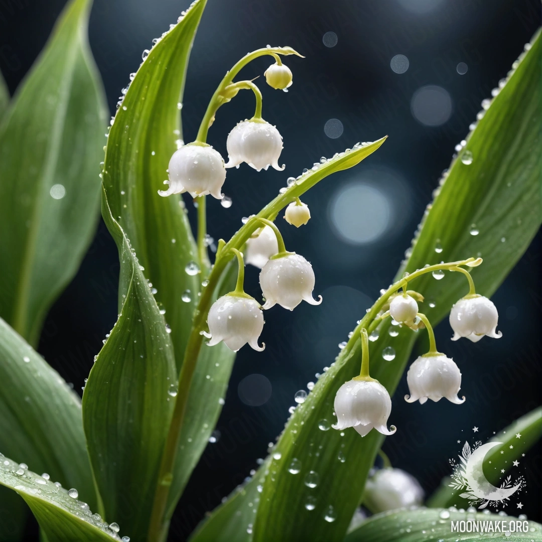 Golden Lily of the Valley at Night A watercolor painting of lily of the valley with dew drops at night.