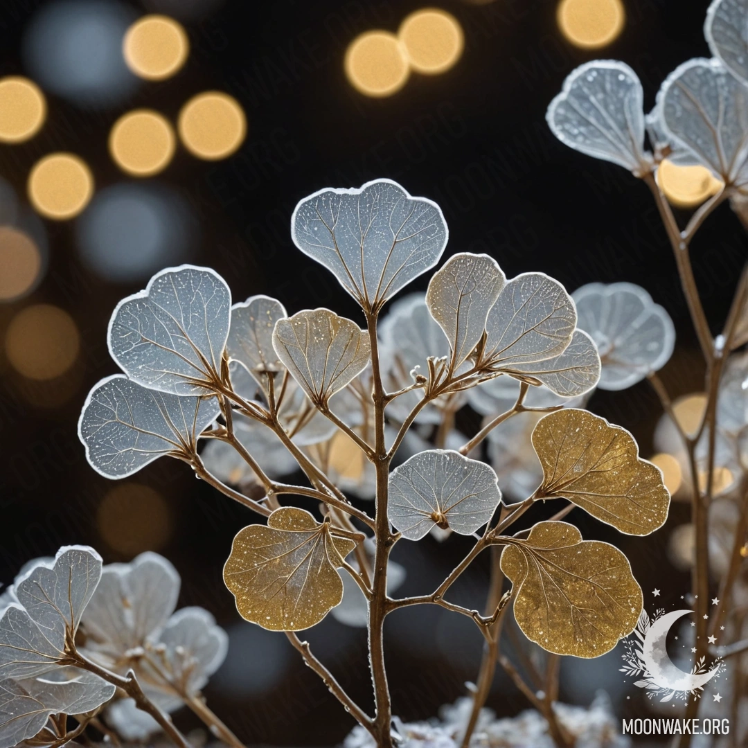 A beautiful luminary plant, covered in frost, shimmering with gold sequins under the night sky.