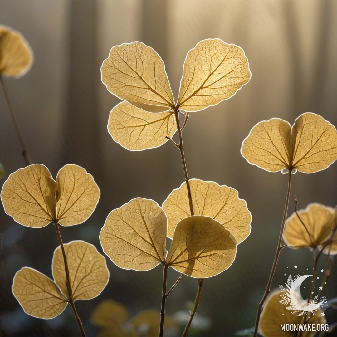A cluster of golden lunaria flowers shrouded in fog illuminated by warm sunlight.