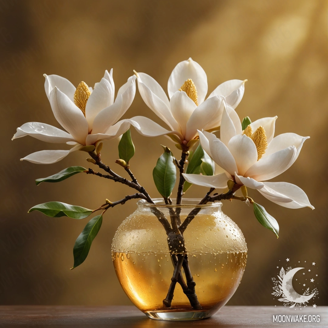A golden vase holding a beautiful magnolia adorned with dew drops.