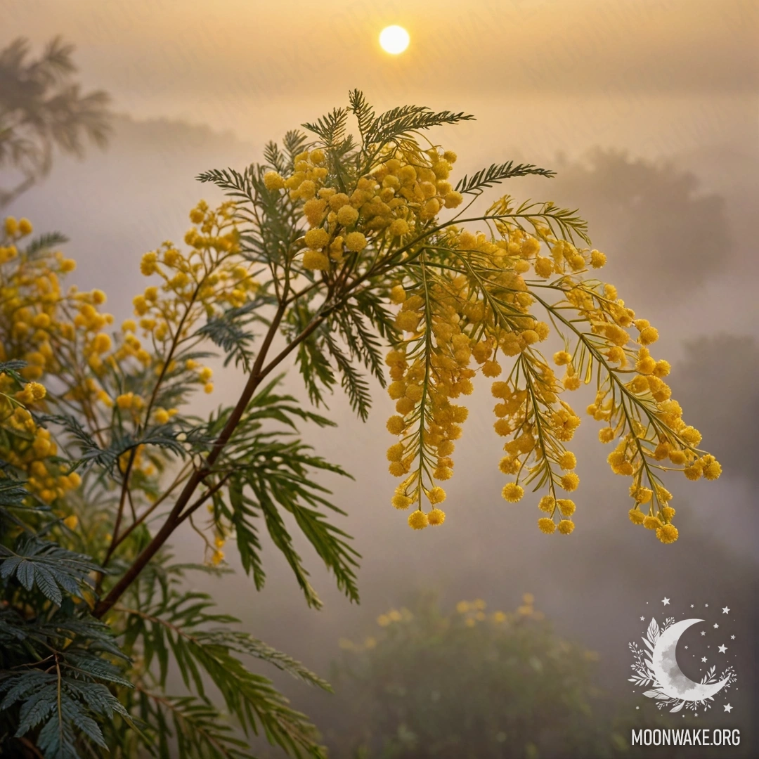 Golden Mimosa Bouquet in Fog A beautiful bouquet of golden mimosas in fog during sunset.