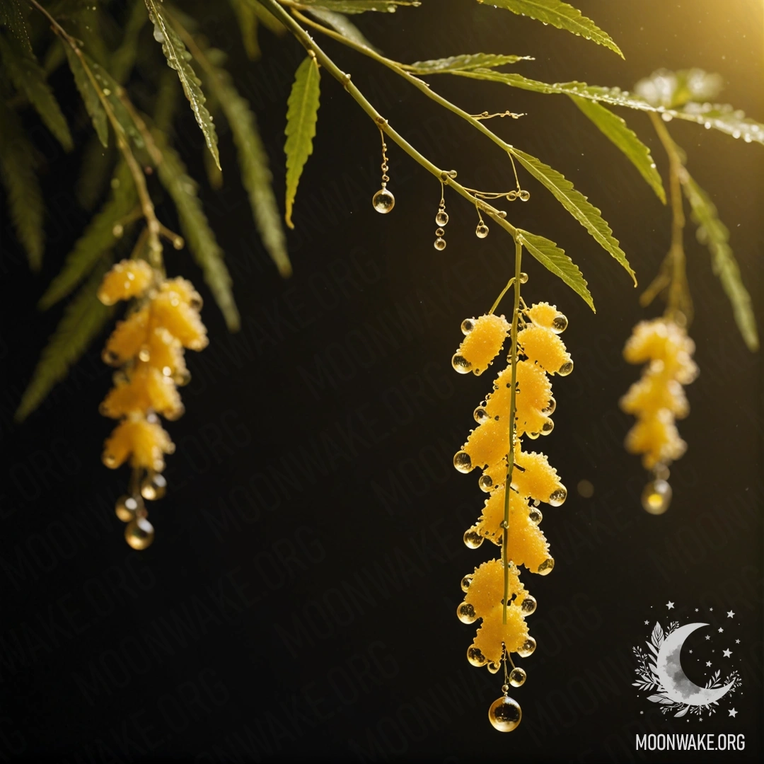 A close-up of a golden mimosa adorned with dew drops at night, featuring rhinestones.
