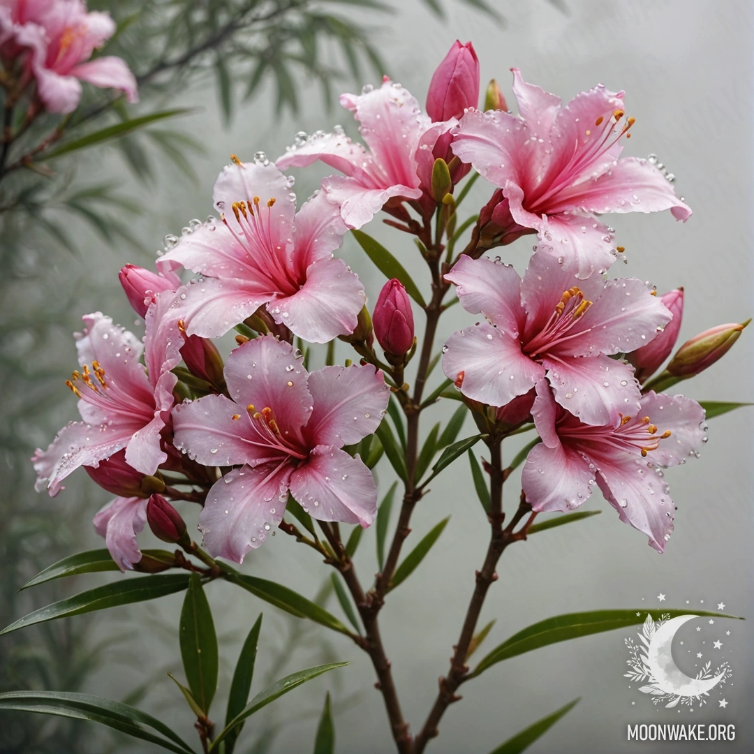 Golden Oleander in Mist A delicate golden oleander enveloped in a soft fog, glistening with rhinestones.