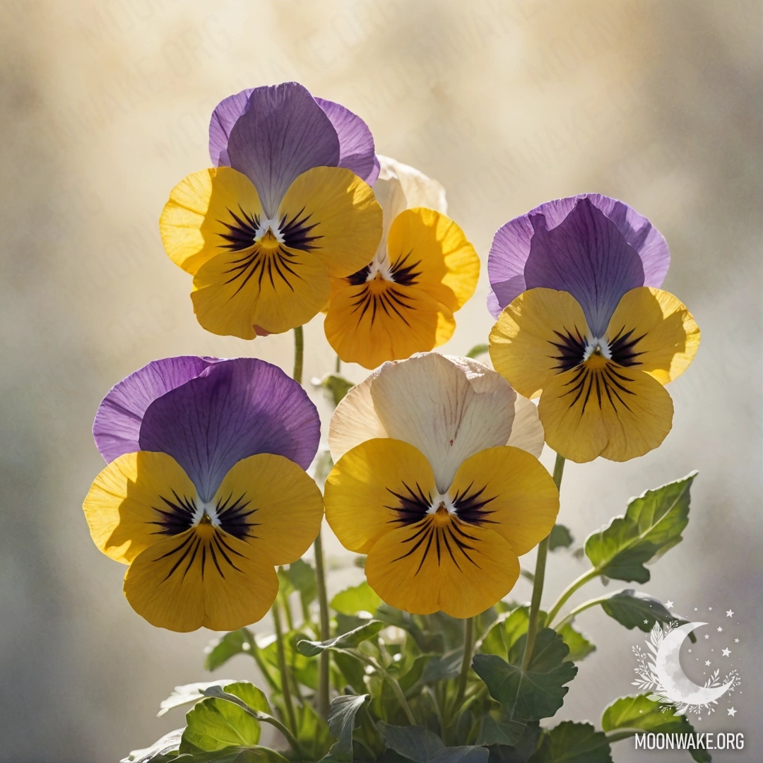 A bouquet of golden pansies surrounded by fog and sunlight.