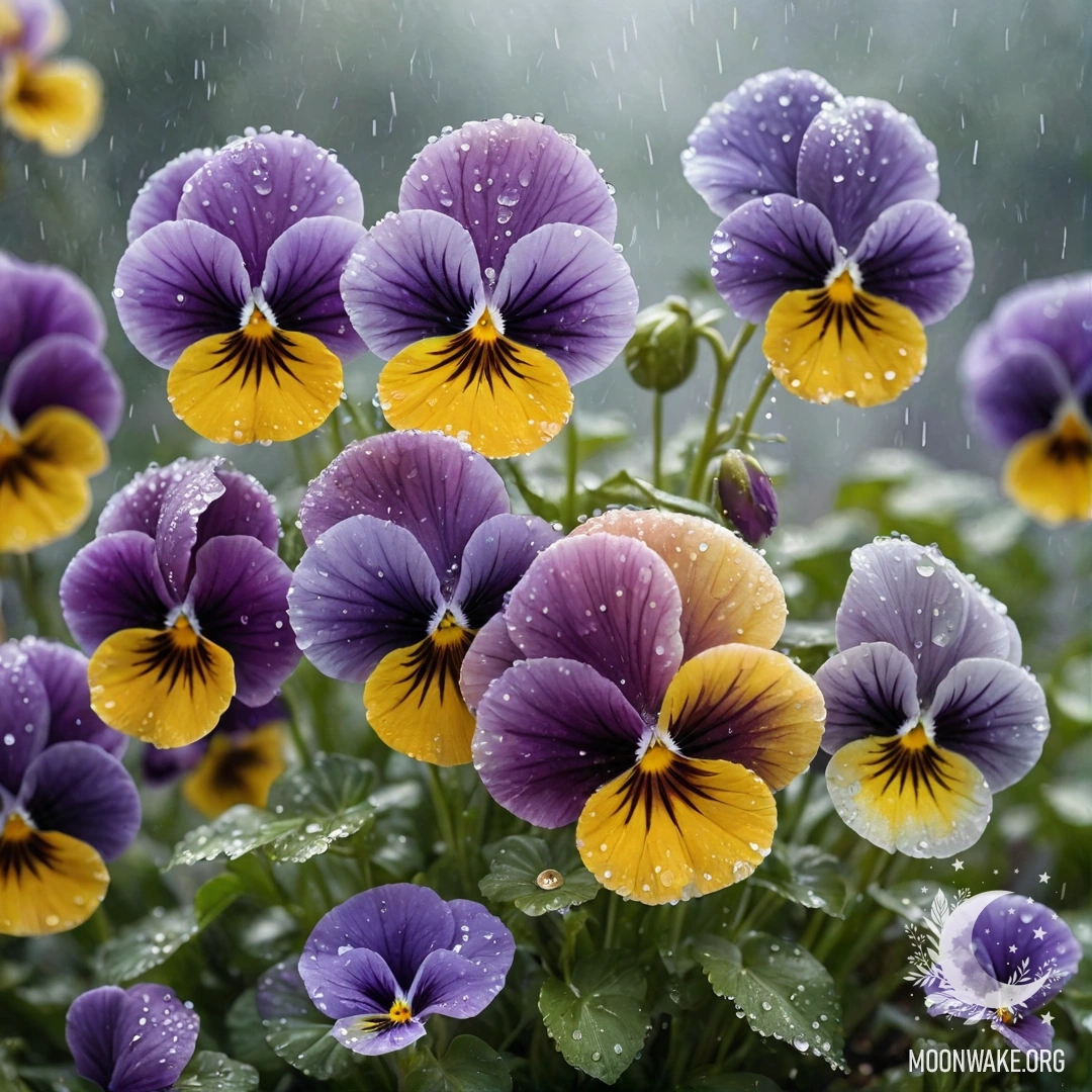 Golden Pansies in the Mist Beautiful golden pansies surrounded by mist and raindrops.