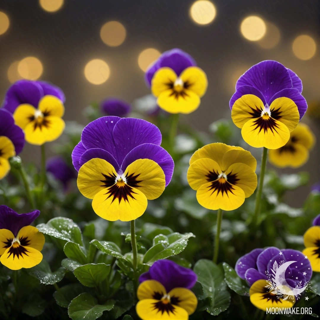 Golden Pansies in the Night Mist A tranquil scene featuring golden pansies surrounded by mist at night.