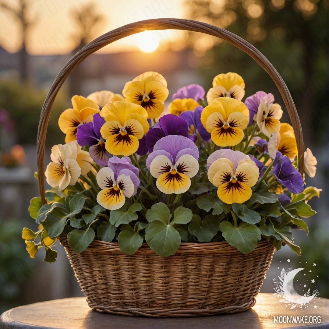 Golden Pansies in a Sunset Basket A basket filled with beautiful golden pansies against a sunset backdrop.