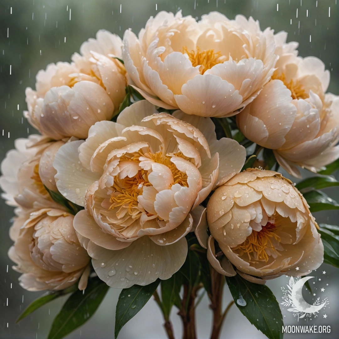 Golden Peony Bouquet Under Rain A golden peony bouquet drenched in rain, capturing the essence of beauty.