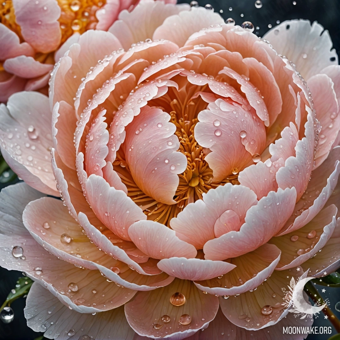 Golden Peony with Dew and Rhinestones A golden peony adorned with dew drops and shimmering rhinestones, illustrated in a minimalist watercolor style.