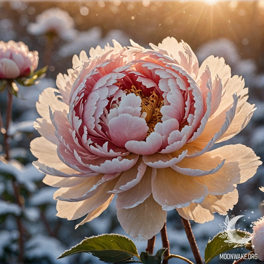 A beautiful golden peony surrounded by frost against a sunset background.