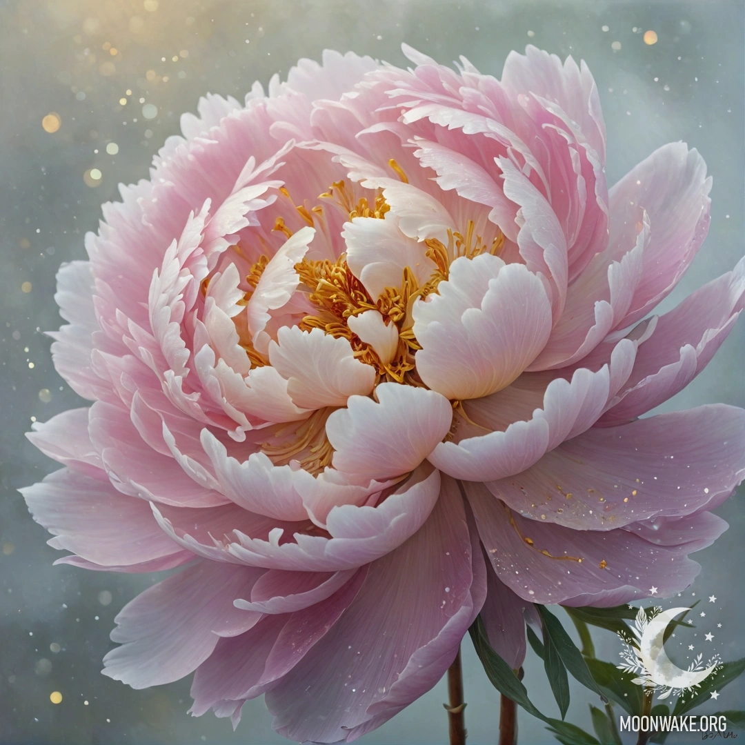 Golden Peony in the Fog A golden peony surrounded by fog and glittering specks of light.