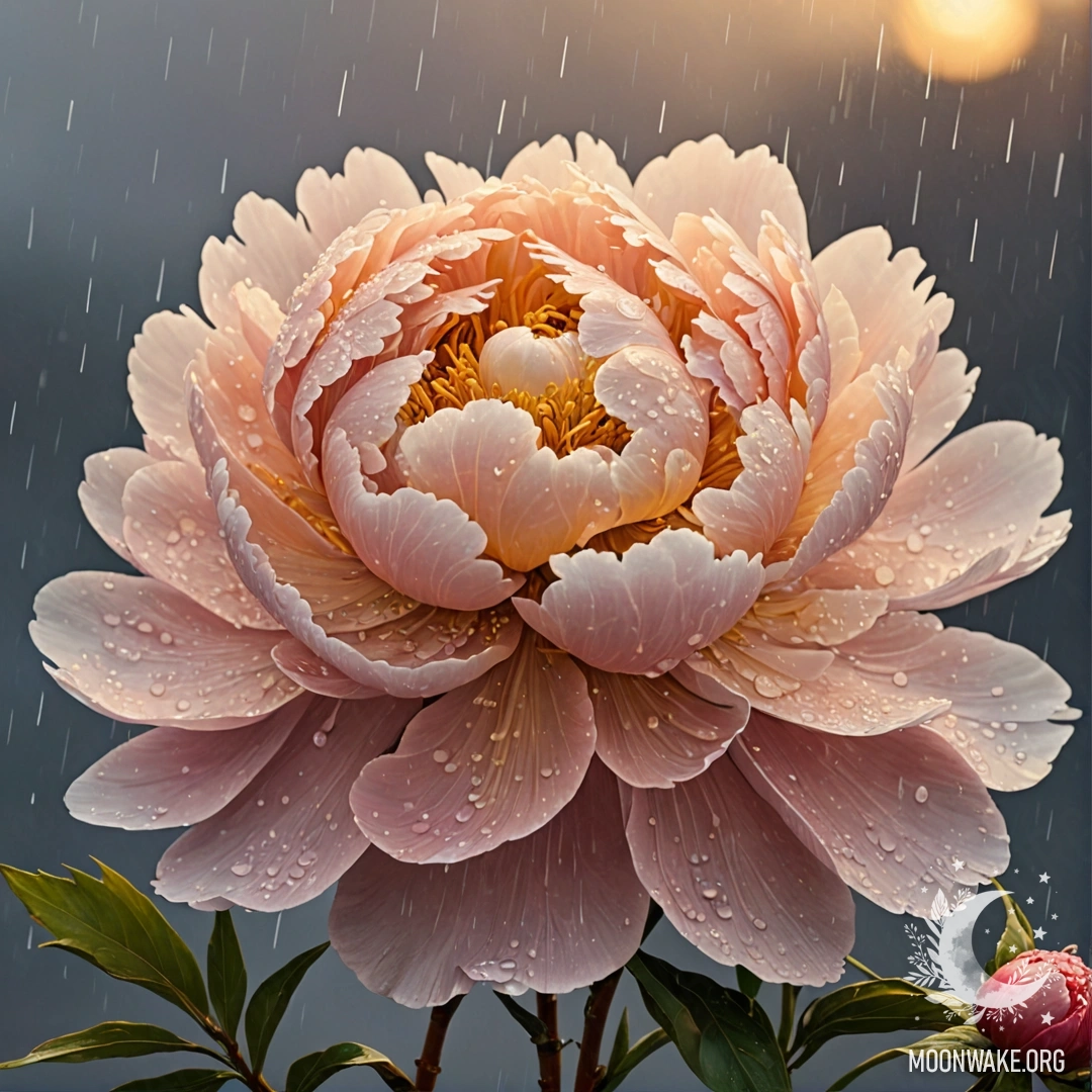A golden peony bouquet drenched in rain, glowing at sunset.