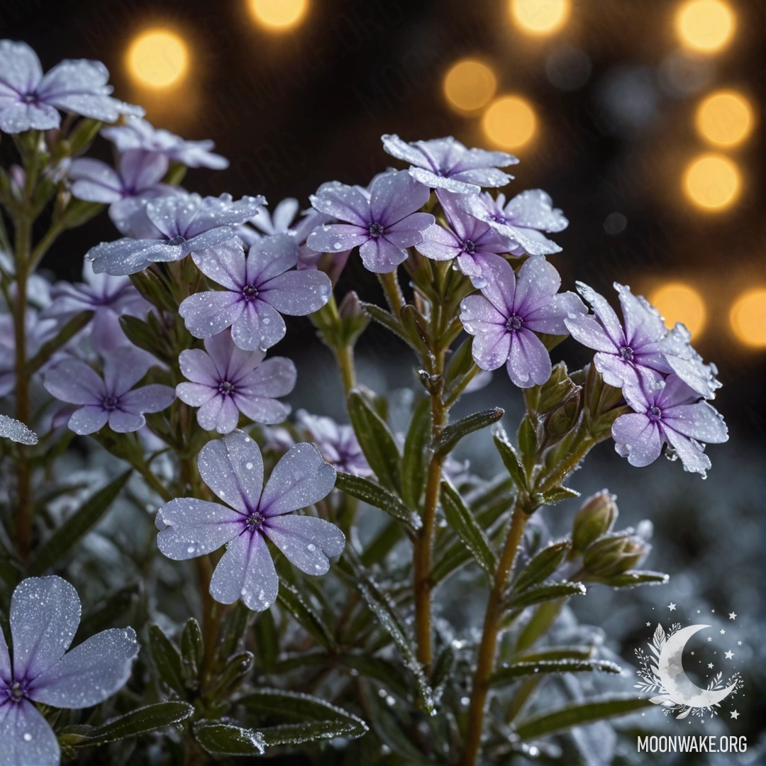 A serene scene featuring golden phlox covered in frost against a night background.