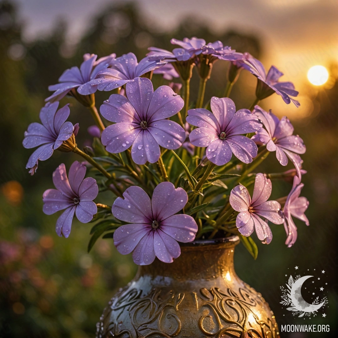 A vase with golden phlox flowers under the rain during sunset.