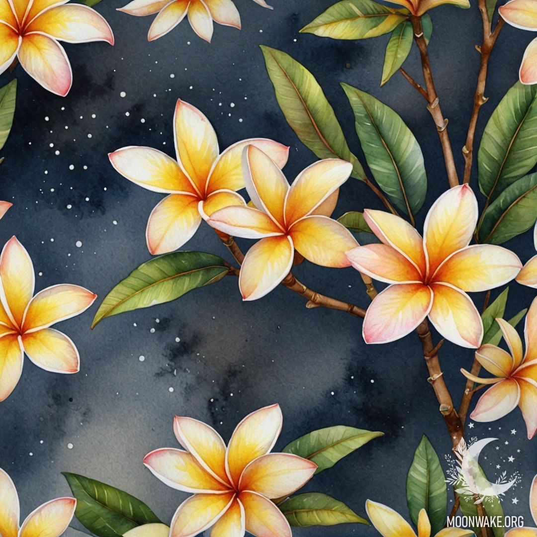 A watercolor painting depicting a calm plumeria surrounded by mist and golden tones at night.