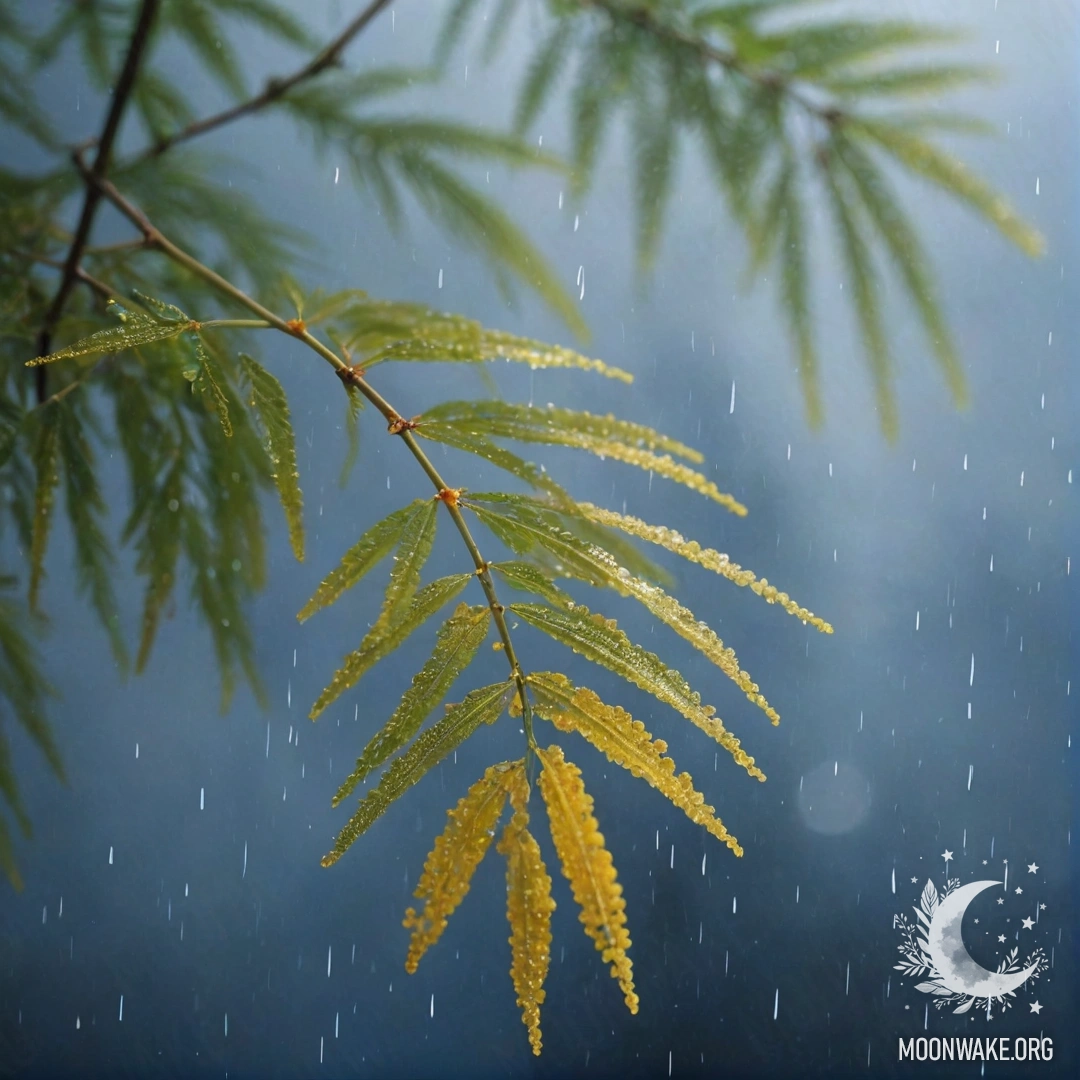 A golden hyacinth surrounded by mist and rain, evoking romance.